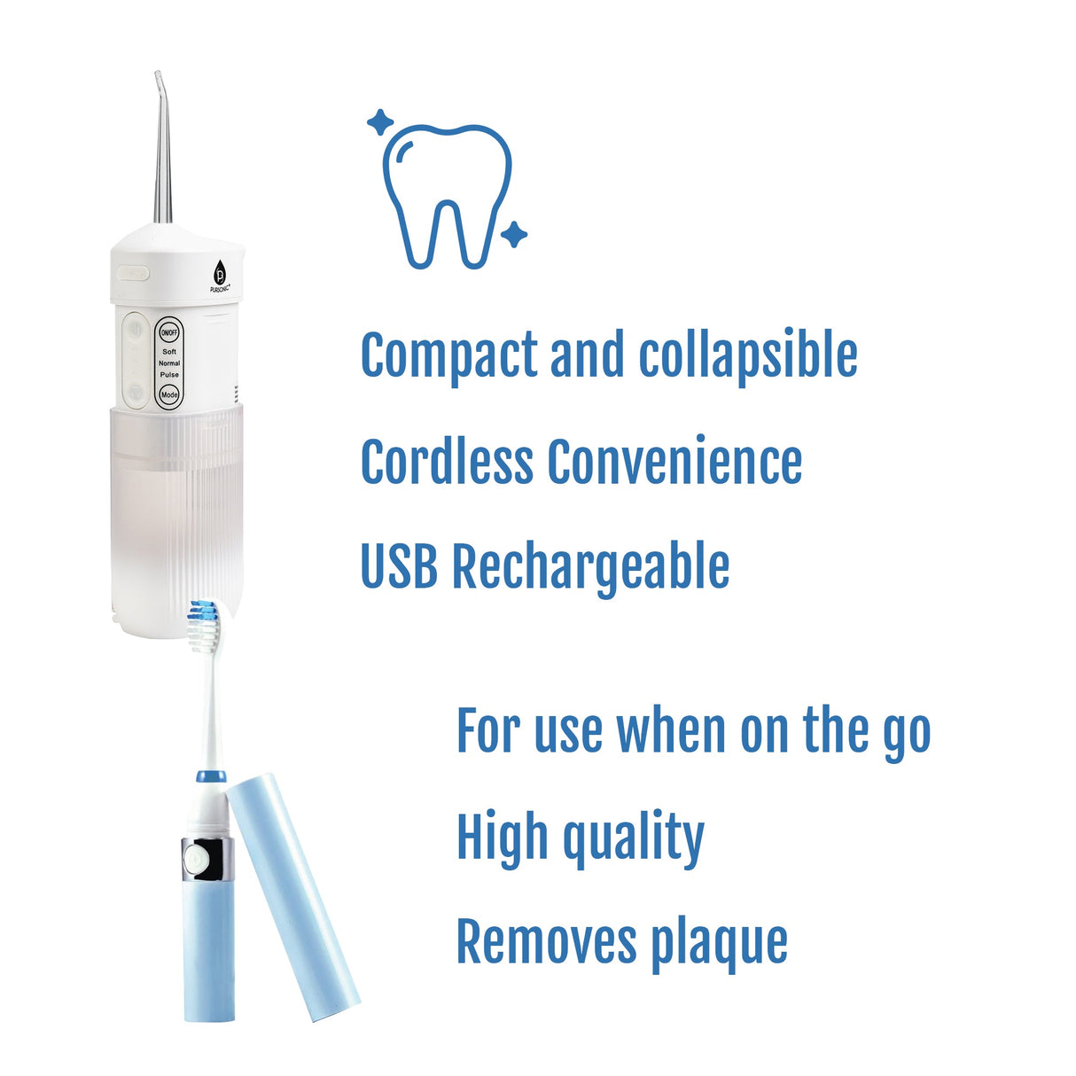 Compact Travel Oral Care Bundle: Portable USB Rechargeable Collapsible Water Flosser and Pursonic Portable Electric Toothbrush from Pursonic