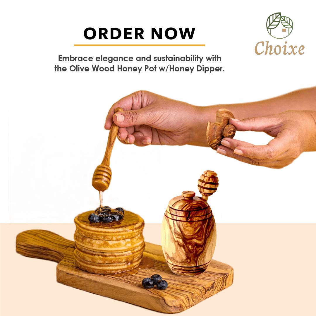 Olive Wood Honey Pot w/Honey Dipper from Choixe