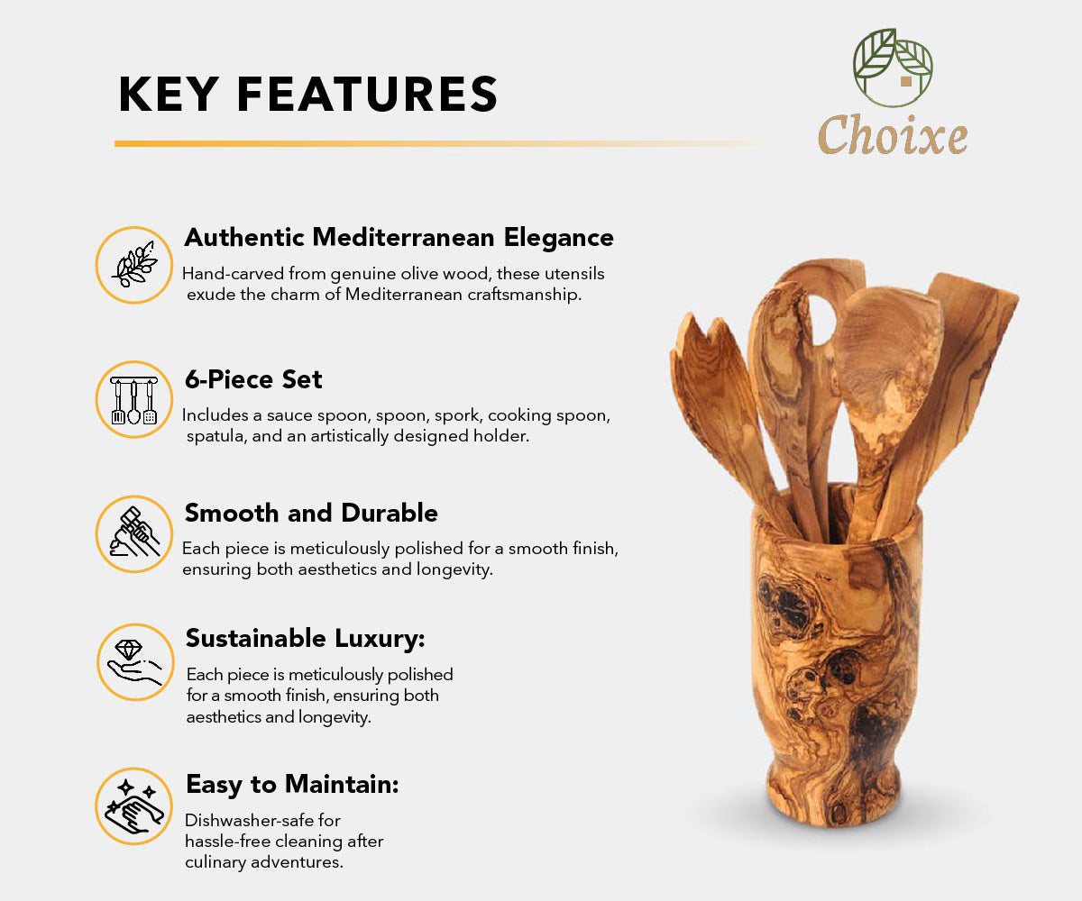 Olive Wood Kitchen Servers Set w/Holder -6 Pcs from Choixe