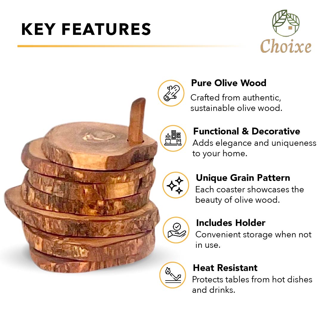 Olive Wood Coaster Set with Holder -7 Pcs from Choixe