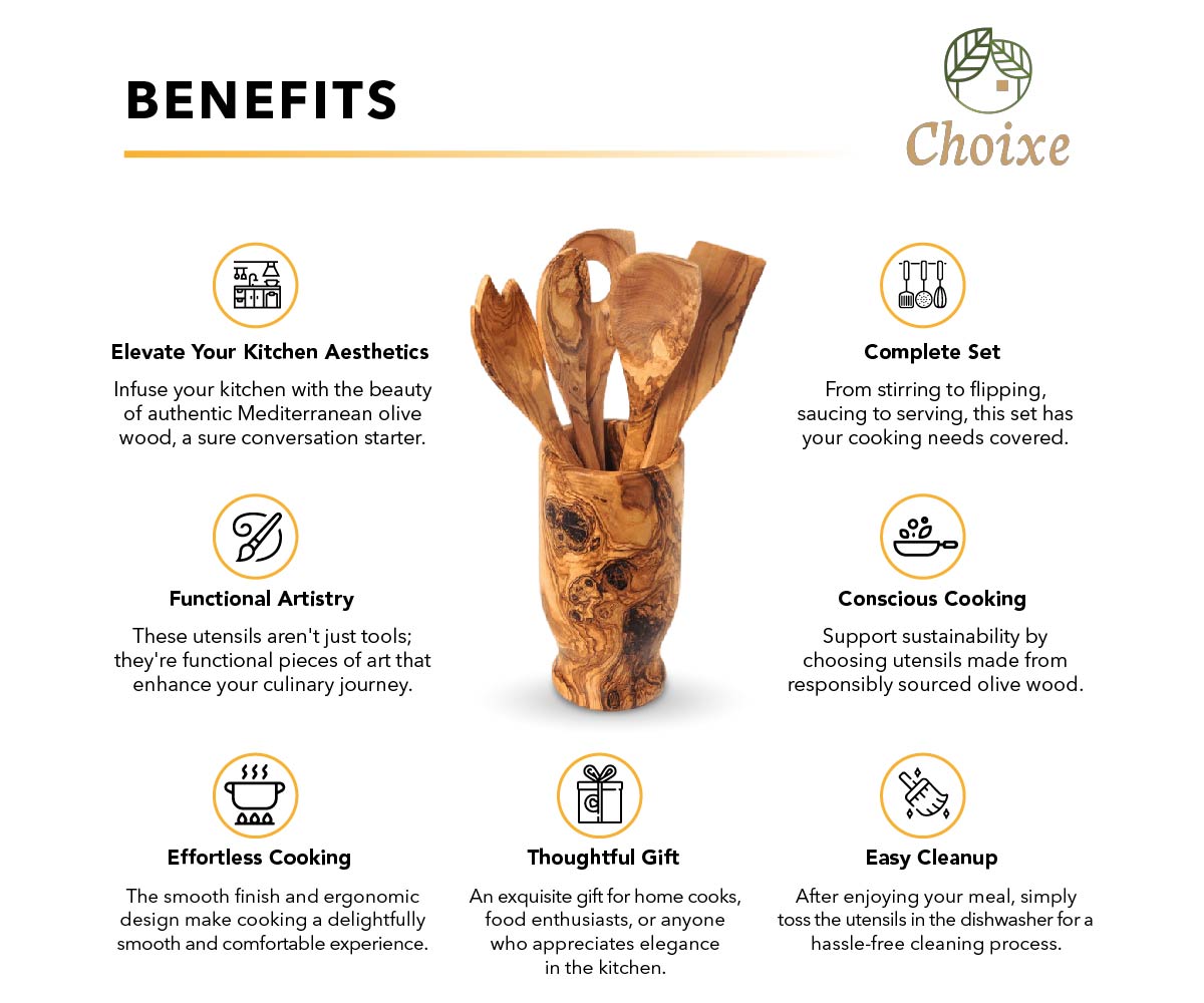 Olive Wood Kitchen Servers Set w/Holder -6 Pcs from Choixe