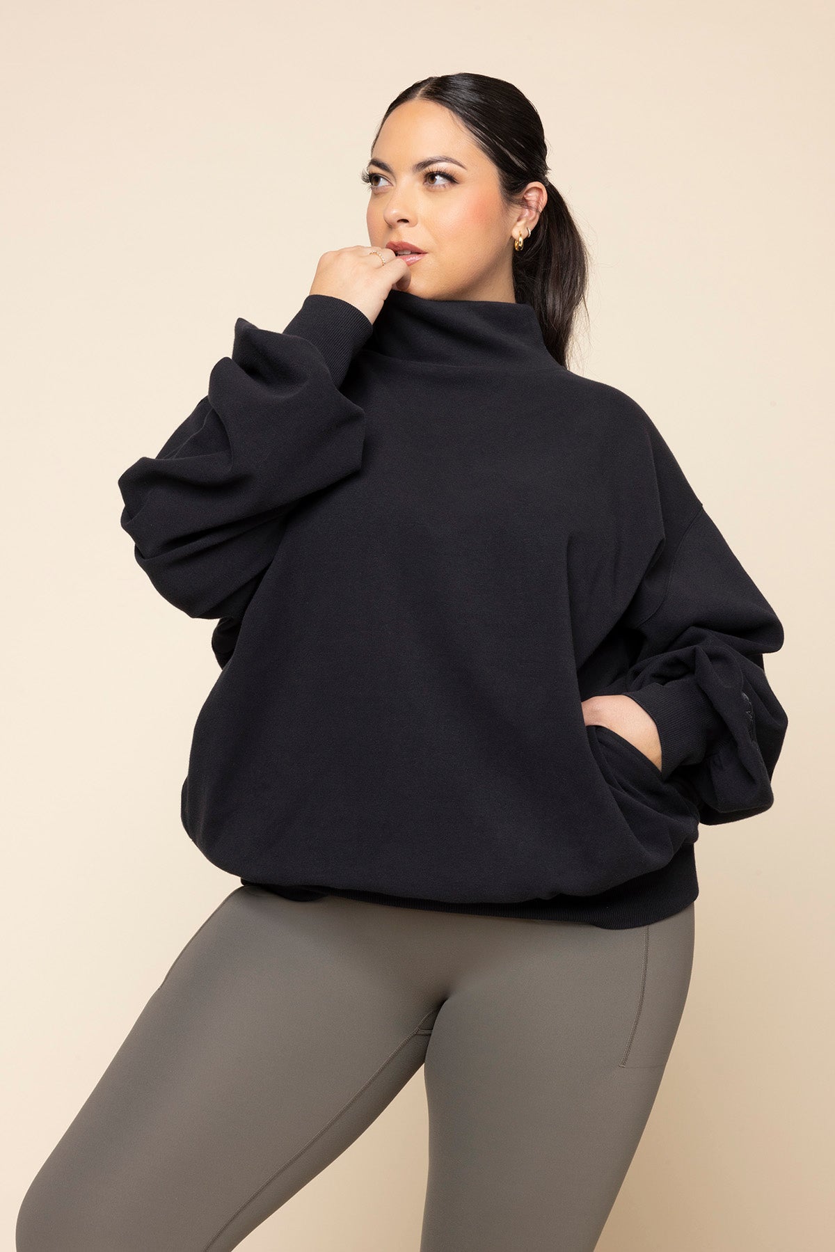 Ooey Gooey Mockneck Sweatshirt with Pockets - Black from POPFLEX