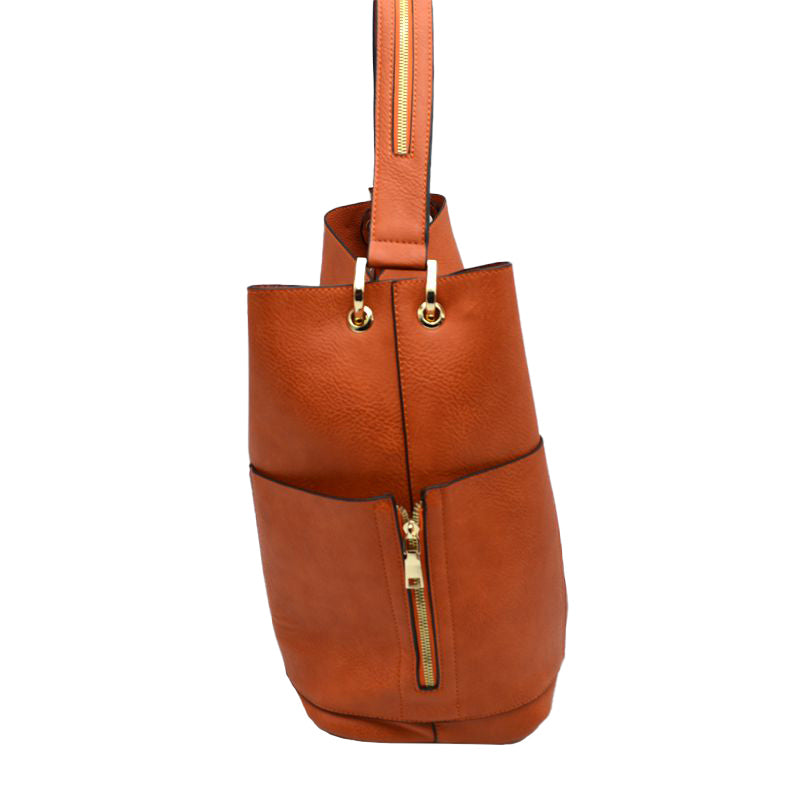 2-in-1 Chic Satchel Side Pocket Bucket Bag with Long Strap from Madeline Love
