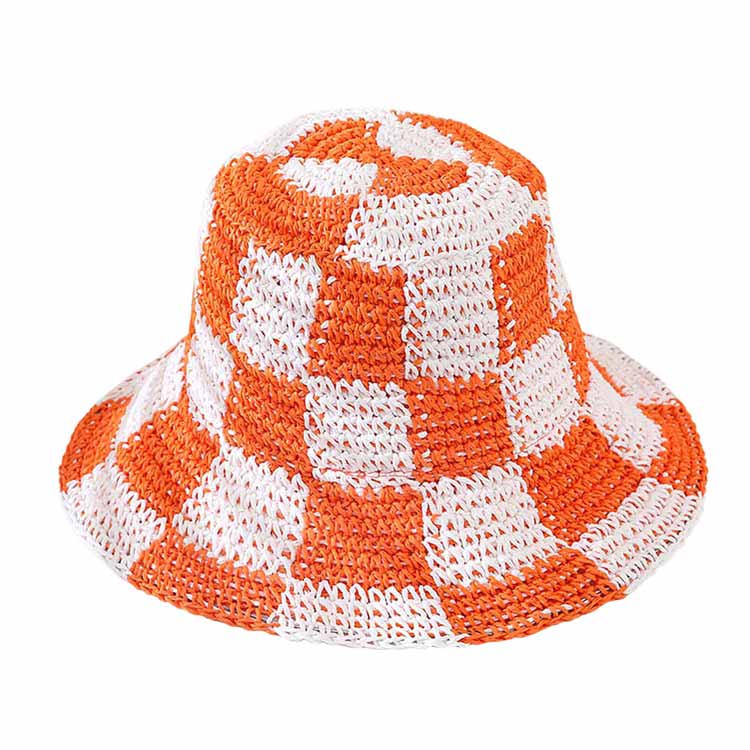 Checkerboard Patterned Straw Bucket Hat from Madeline Love