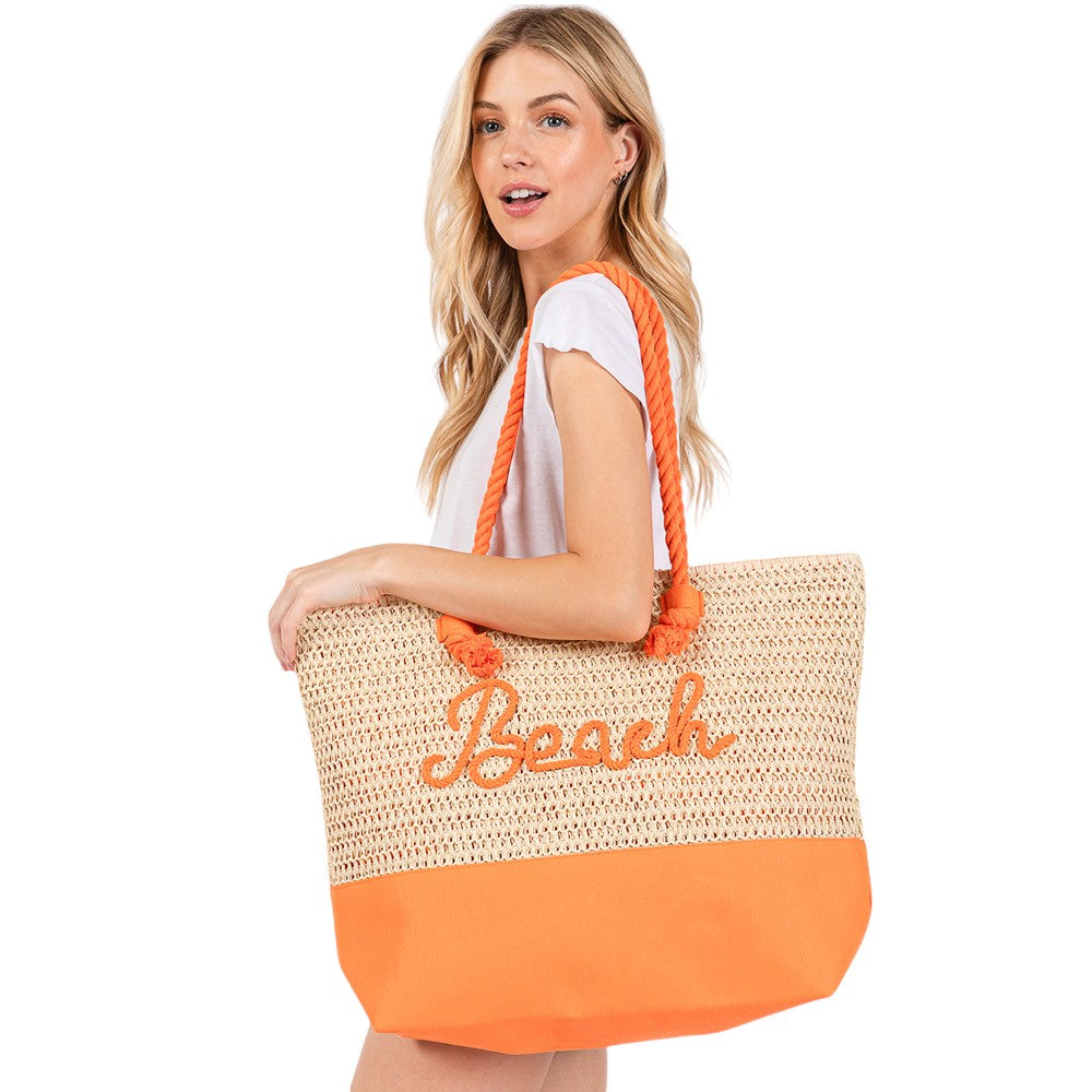 BEACH Message Rope Handle Crochet Fabric Tote Bag / Beach Bag  from Madeline Love