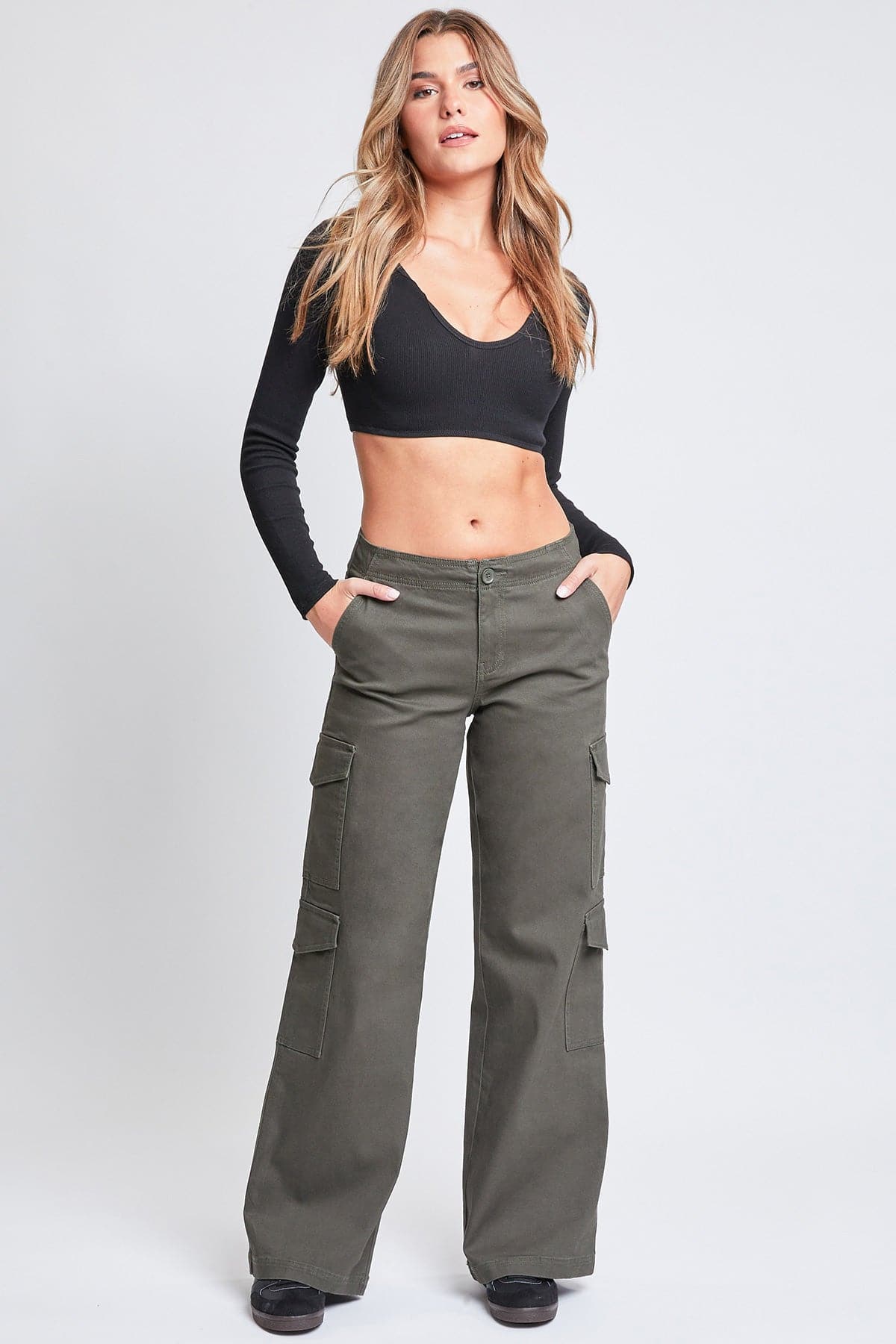 Women's High Rise Double Pocket Wide Leg Cargo Pants from YMI JEANS
