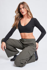 Women's High Rise Double Pocket Wide Leg Cargo Pants from YMI JEANS