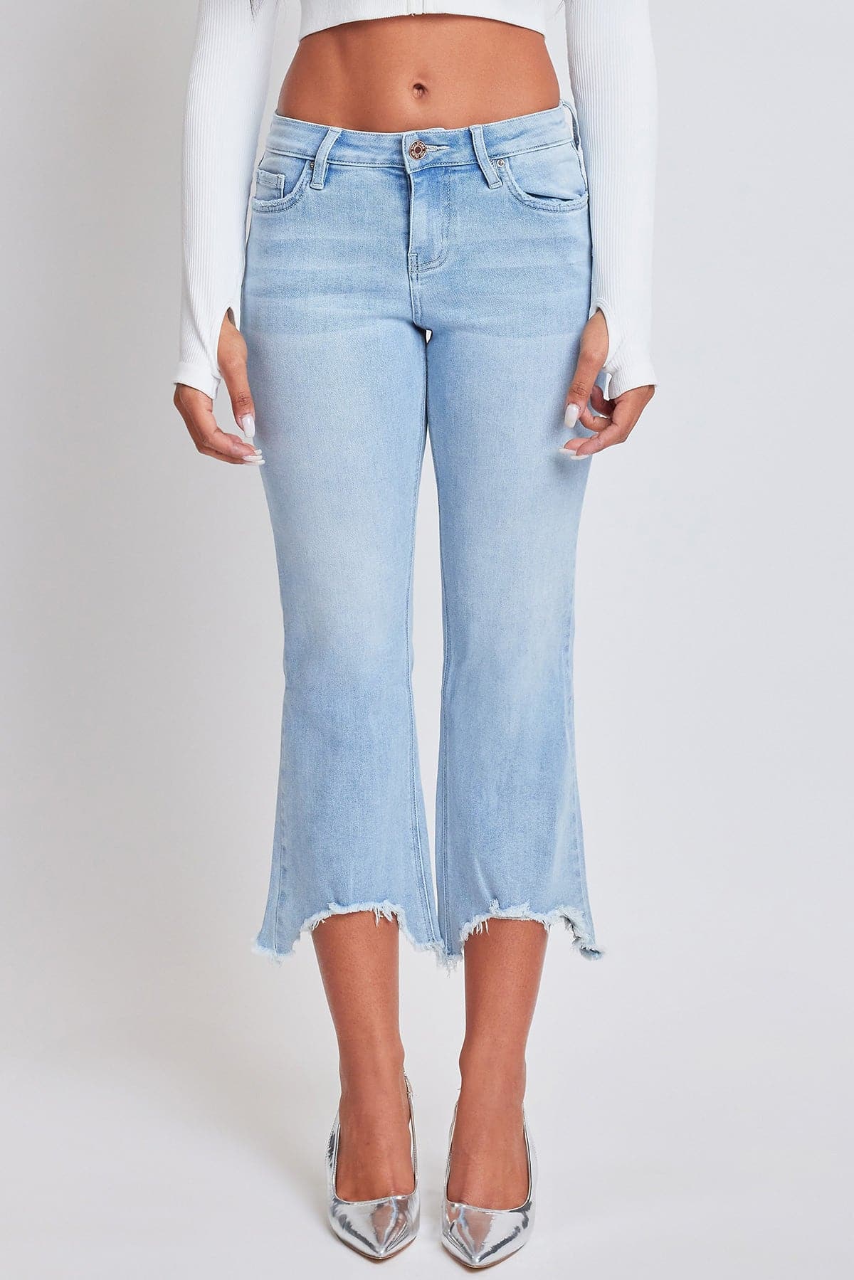 Women's Mid Rise Kick Flare Fray Hem Cropped Jeans From YMI JEANS