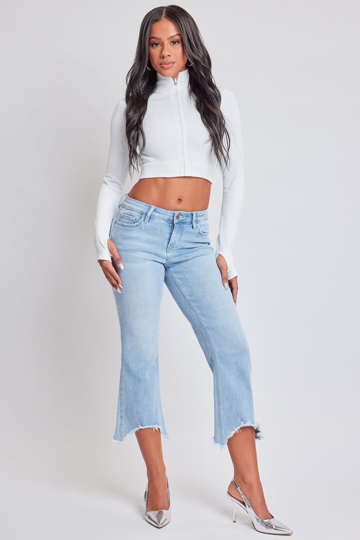 Women's Mid Rise Kick Flare Fray Hem Cropped Jeans From YMI JEANS