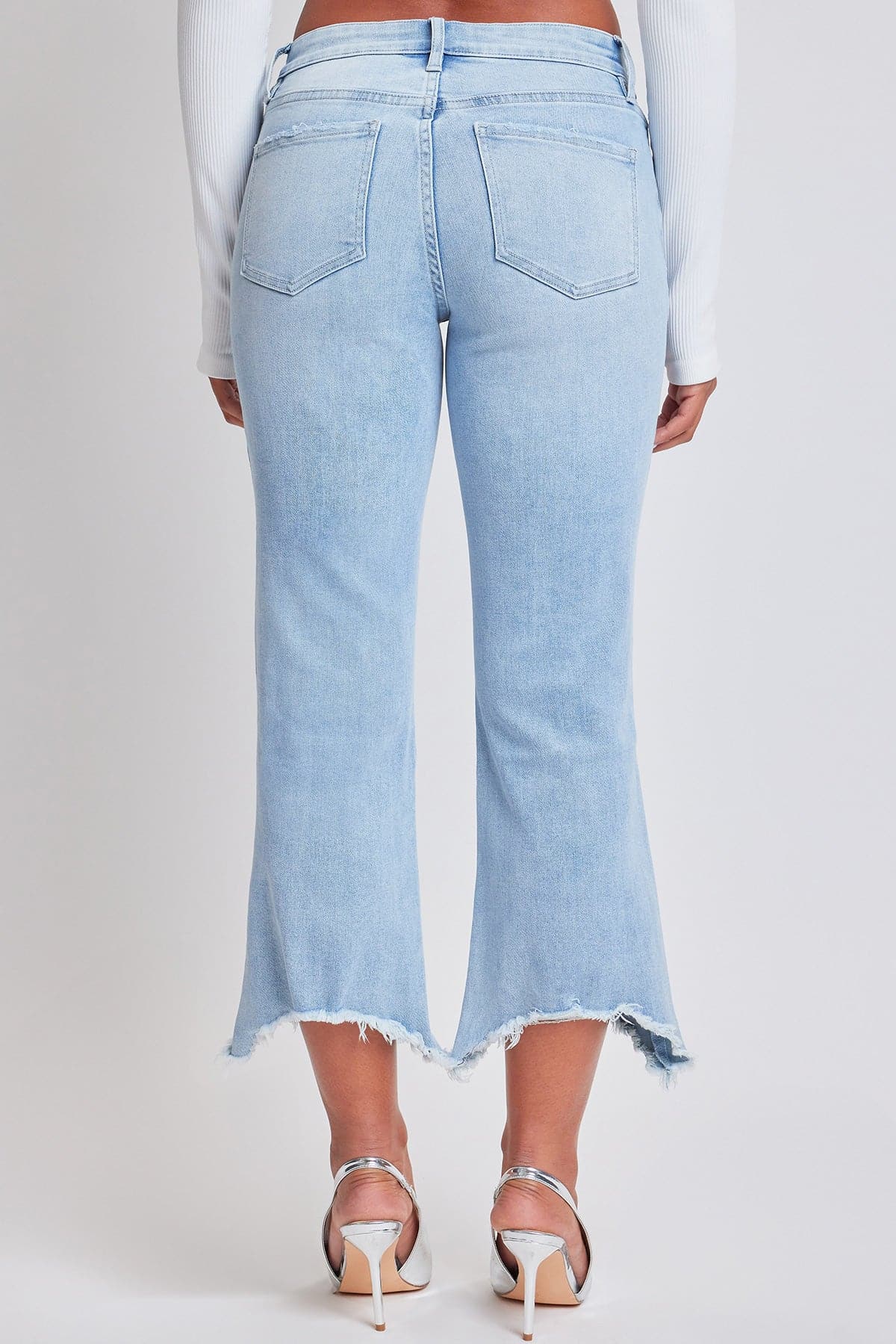 Women's Mid Rise Kick Flare Fray Hem Cropped Jeans From YMI JEANS