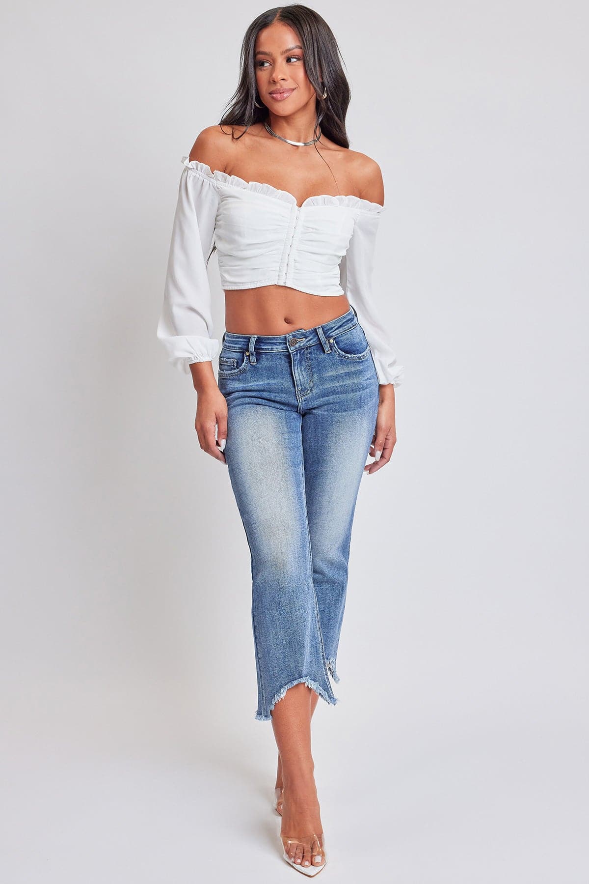 Women's Mid Rise Kick Flare Fray Hem Cropped Jeans From YMI JEANS