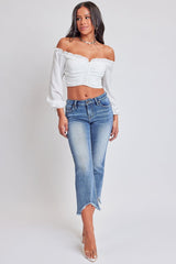 Women's Mid Rise Kick Flare Fray Hem Cropped Jeans From YMI JEANS