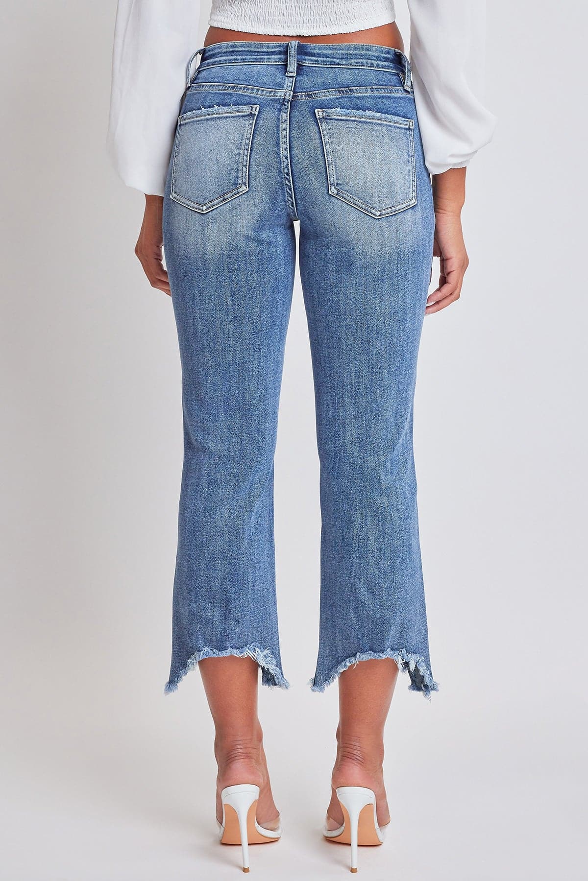 Women's Mid Rise Kick Flare Fray Hem Cropped Jeans From YMI JEANS
