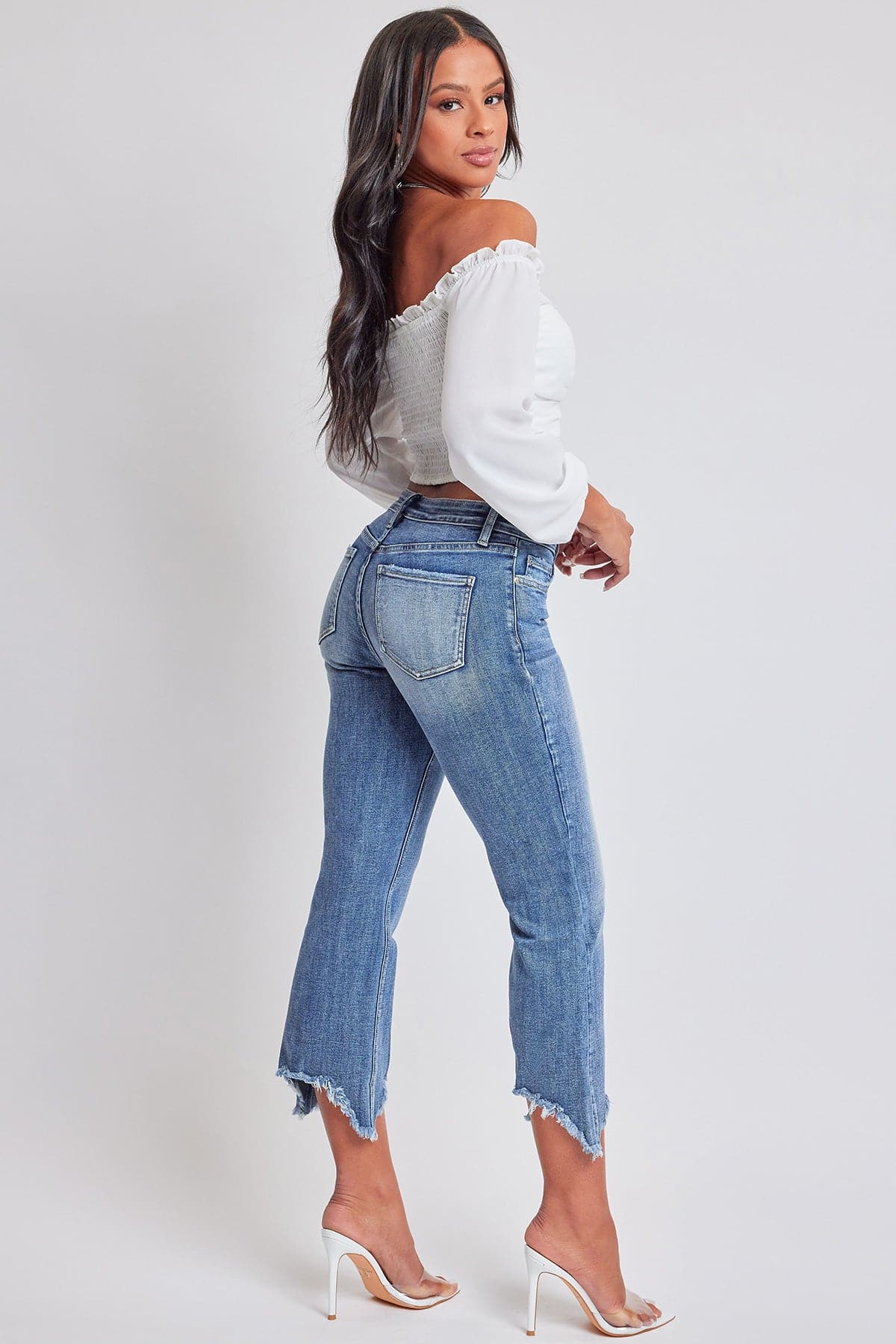 Women's Mid Rise Kick Flare Fray Hem Cropped Jeans From YMI JEANS