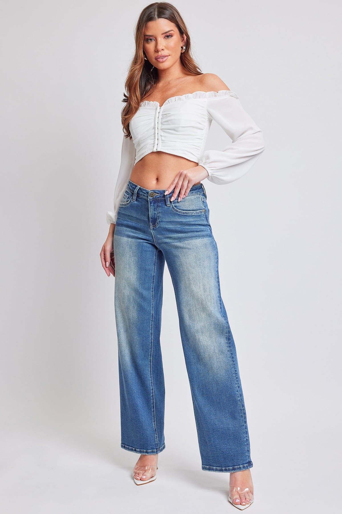 Women's Luxe Mid Rise Premium Stretch Wide Leg Jeans From YMI JEANS