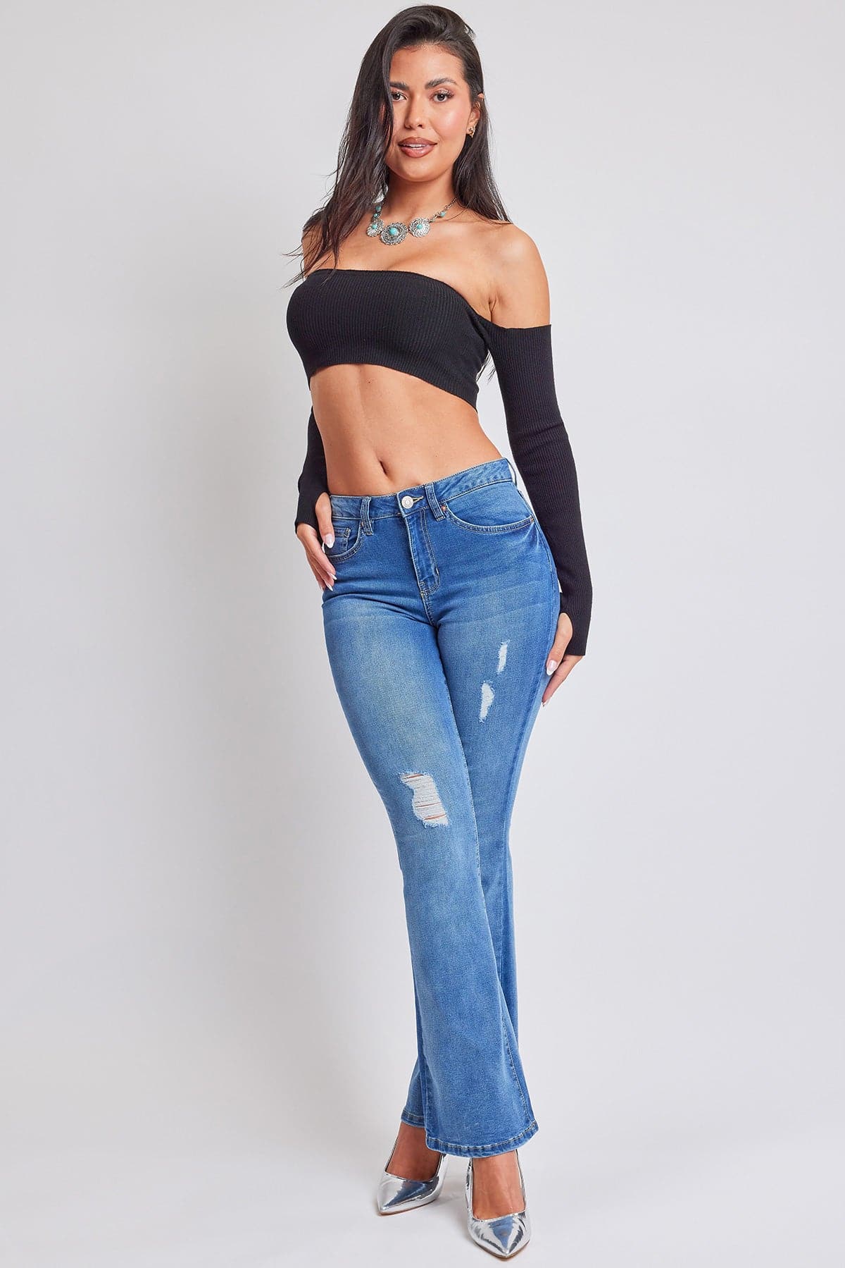 Women's Essential Distressed Flare Jeans-Distressed From YMI JEANS