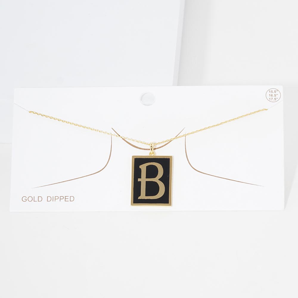 -B- Gold Dipped Enamel Rectangle Initial Monogram Pendant Necklace from Madeline Love
