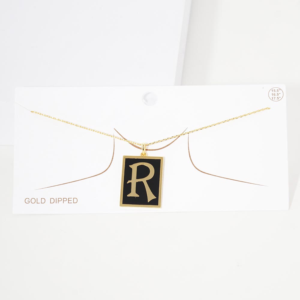 -R- Gold Dipped Enamel Rectangle Initial Monogram Pendant Necklace from Madeline Love