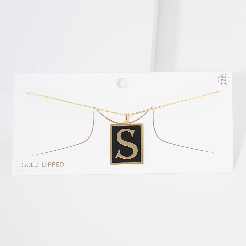 -S- Gold Dipped Enamel Rectangle Initial Monogram Pendant Necklace from Madeline Love