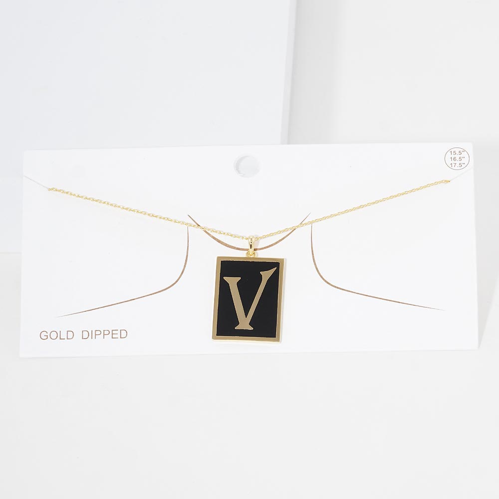 -V- Gold Dipped Enamel Rectangle Initial Monogram Pendant Necklace from Madeline Love