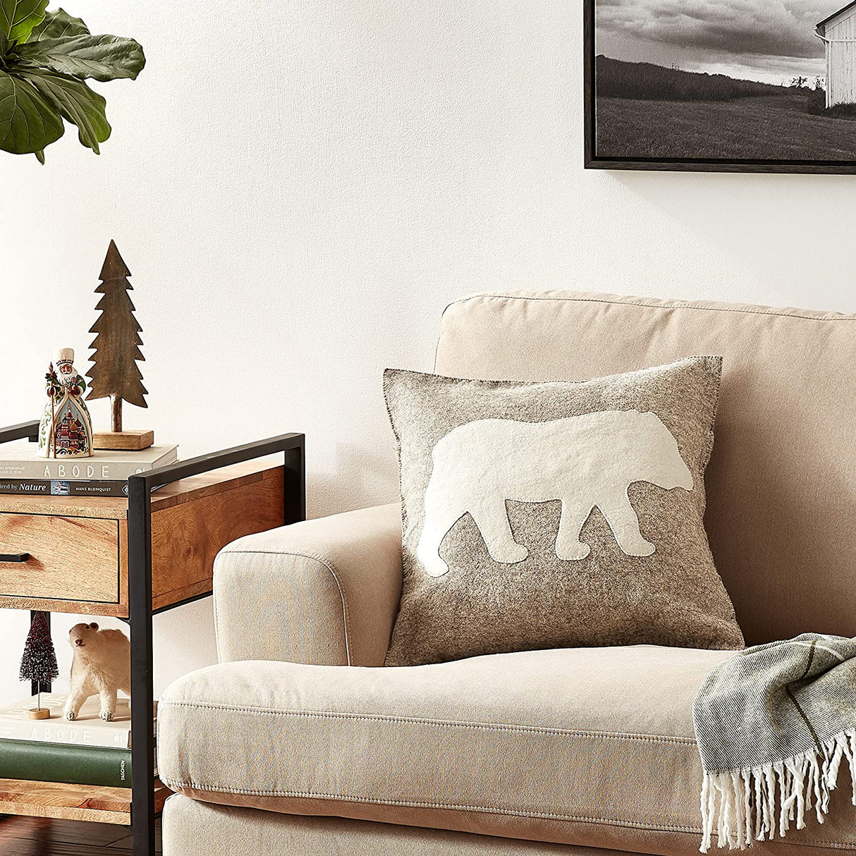 Hand Felted Wool Pillow - Cream Bear Silhouette on Gray - 20" from Arcadia Home