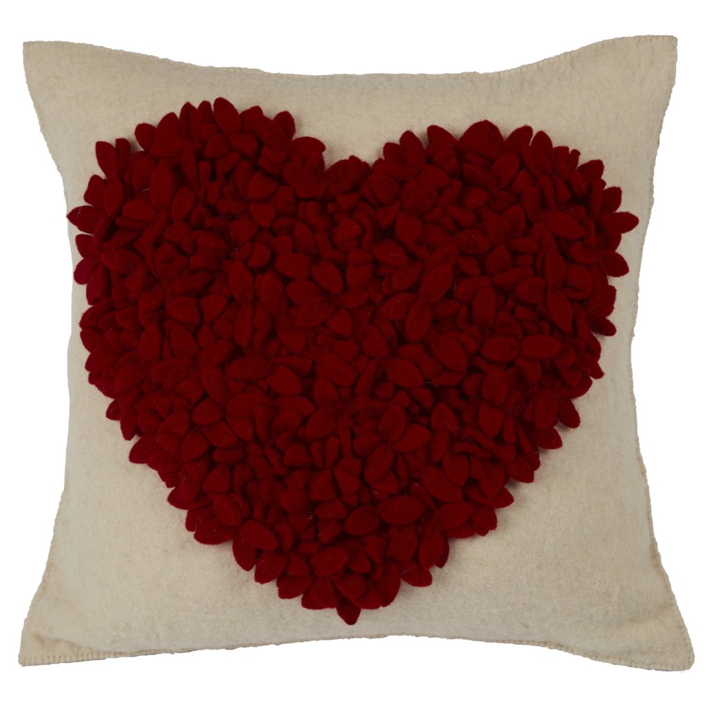 Hand Felted Wool Pillow Cover - Red Heart on Cream - 20" from Arcadia Home