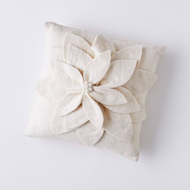 Hand Felted Wool  Pillow - Cream 3D Flower on Cream – 20" from Arcadia Home