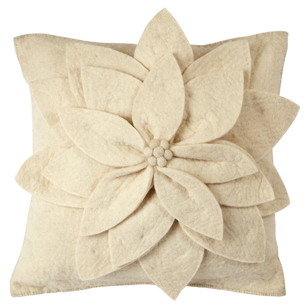 Hand Felted Wool  Pillow - Cream 3D Flower on Cream – 20" from Arcadia Home