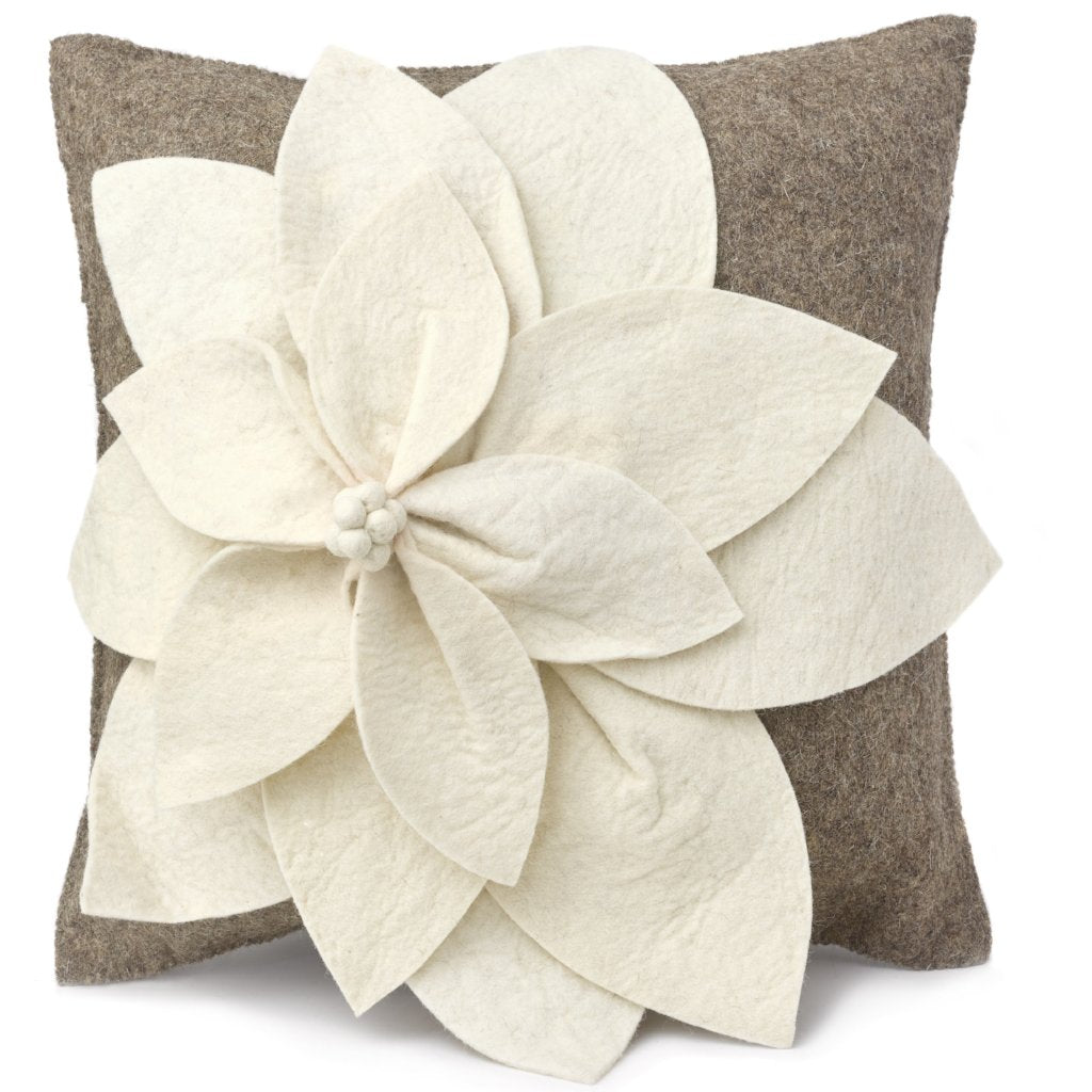 Hand Felted Wool Pillow - 3D Flower in Cream on Gray - 20" from Arcadia Home