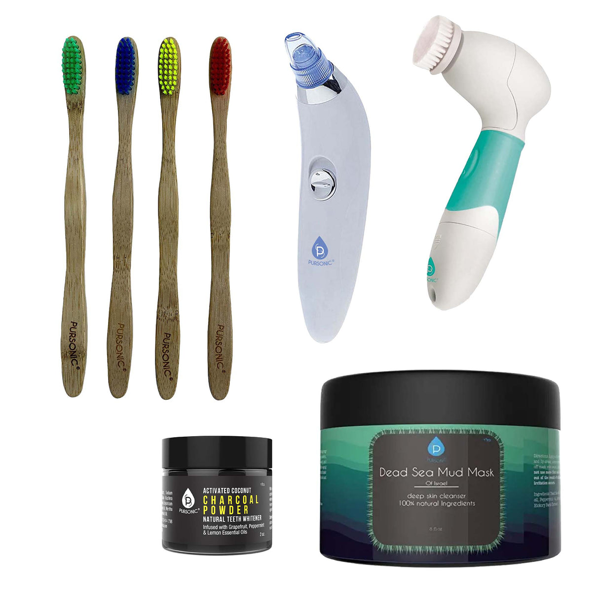 Pursonic Daily Detox Set - Pore Vacuum, Bamboo Toothbrushes, Charcoal Powder, Facial & Body Brush, and Dead Sea Mud Mask from Pursonic
