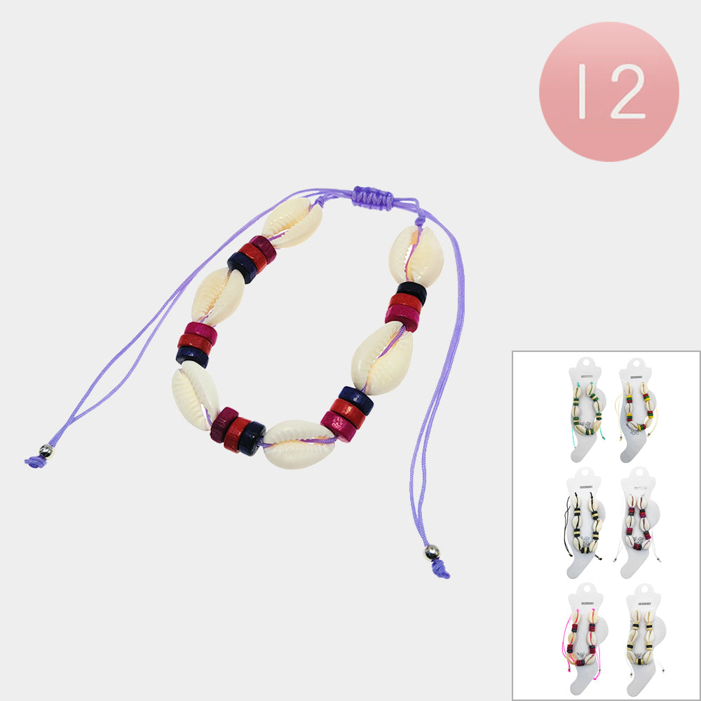 12PCS - Puka Shell Wood Beaded Adjustable Cinch Pull Tie Anklets from Madeline Love