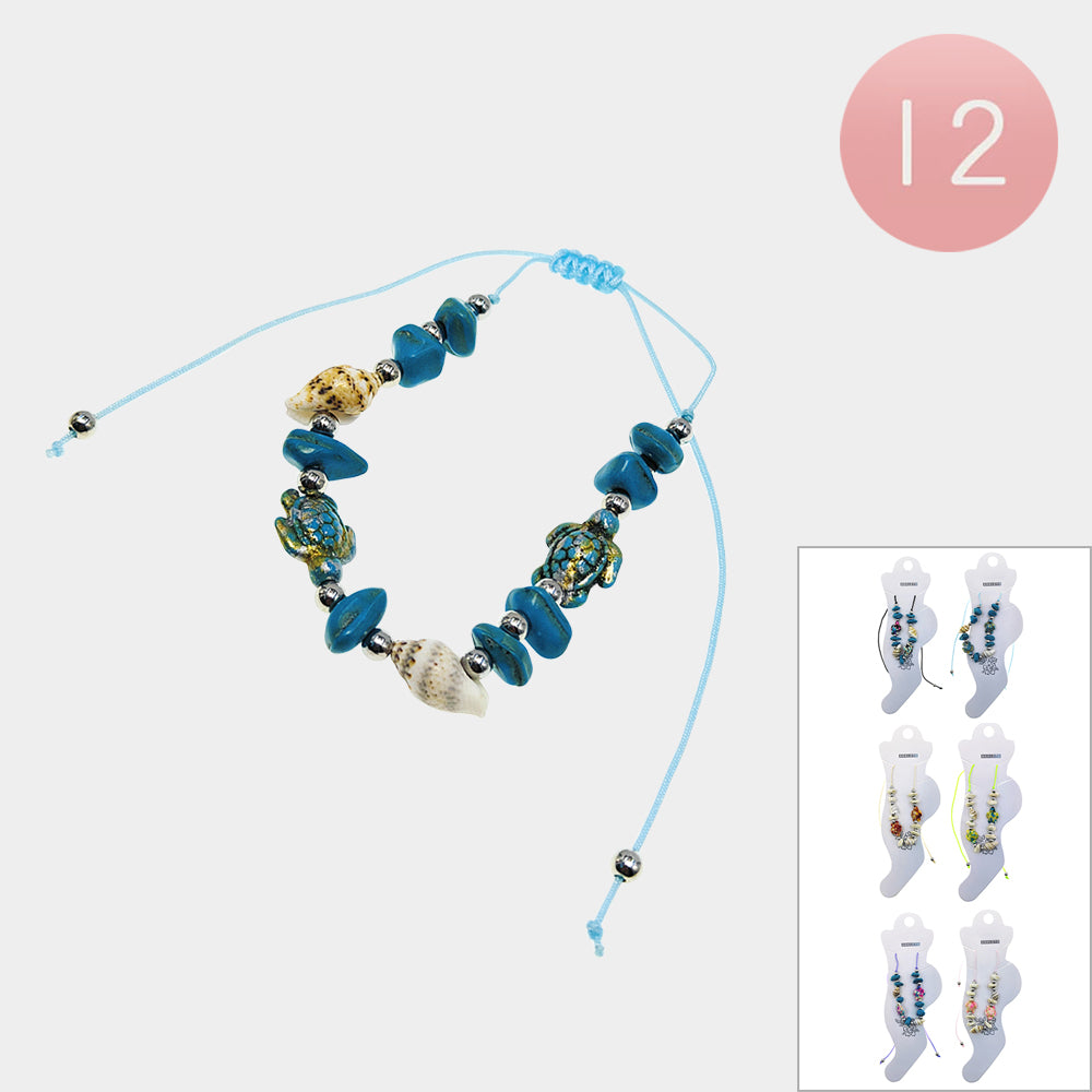 12PCS - Shell Sea Turtle Natural Stone Beaded Adjustable Cinch Pull Tie Anklets from Madeline Love