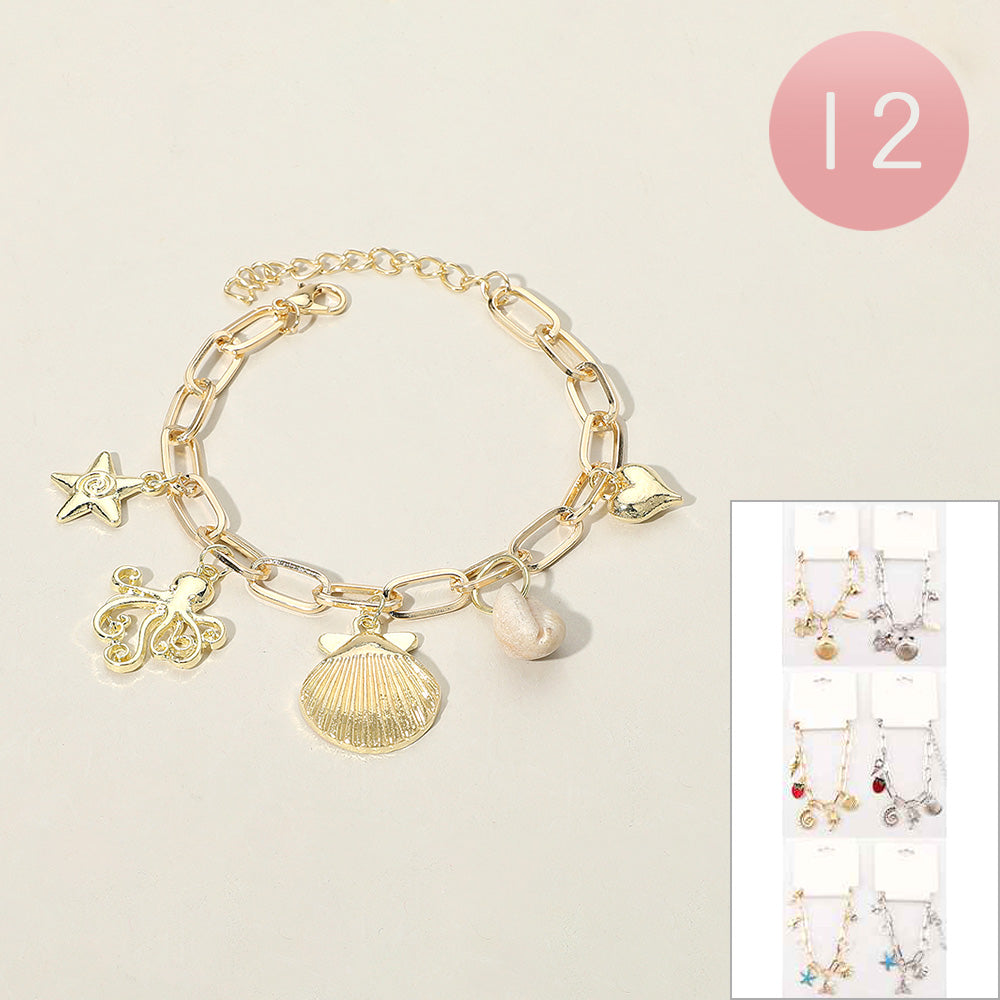 12PCS - Metal Seashell Starfish Octopus Heart Puka Shell Charm Station Paperclip Chain Bracelets from Madeline Love