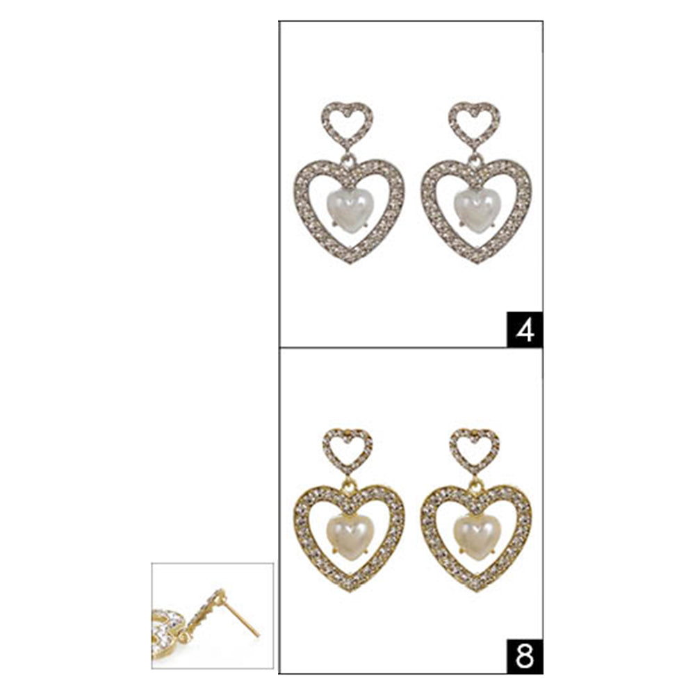 12Pairs - Heart Pearl Pointed Stone Paved Open Heart Dangle Earrings from Madeline Love