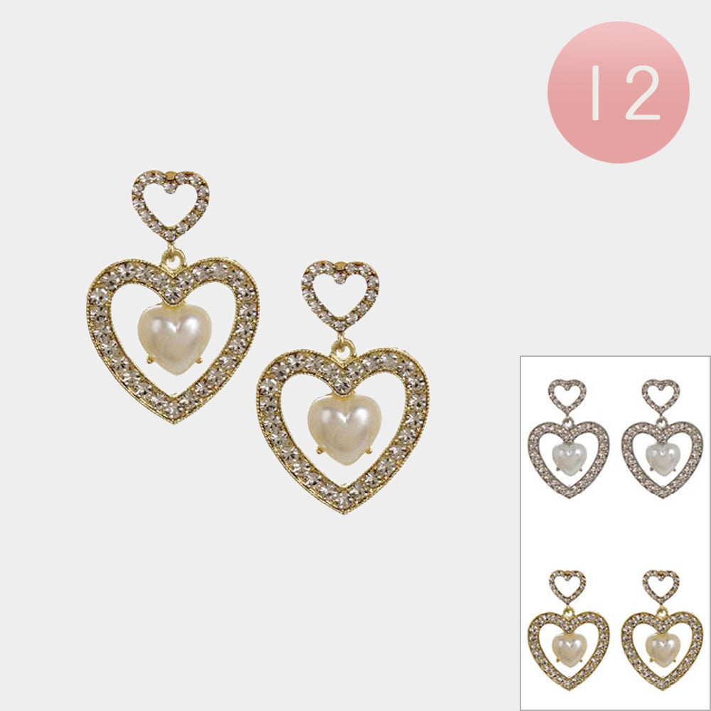 12Pairs - Heart Pearl Pointed Stone Paved Open Heart Dangle Earrings from Madeline Love