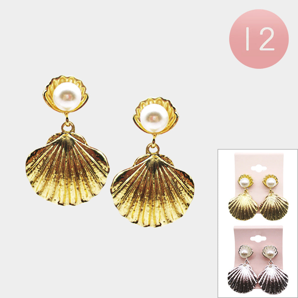12Pairs - Pearl Pointed Metal Shell Dangle Earrings from Madeline Love