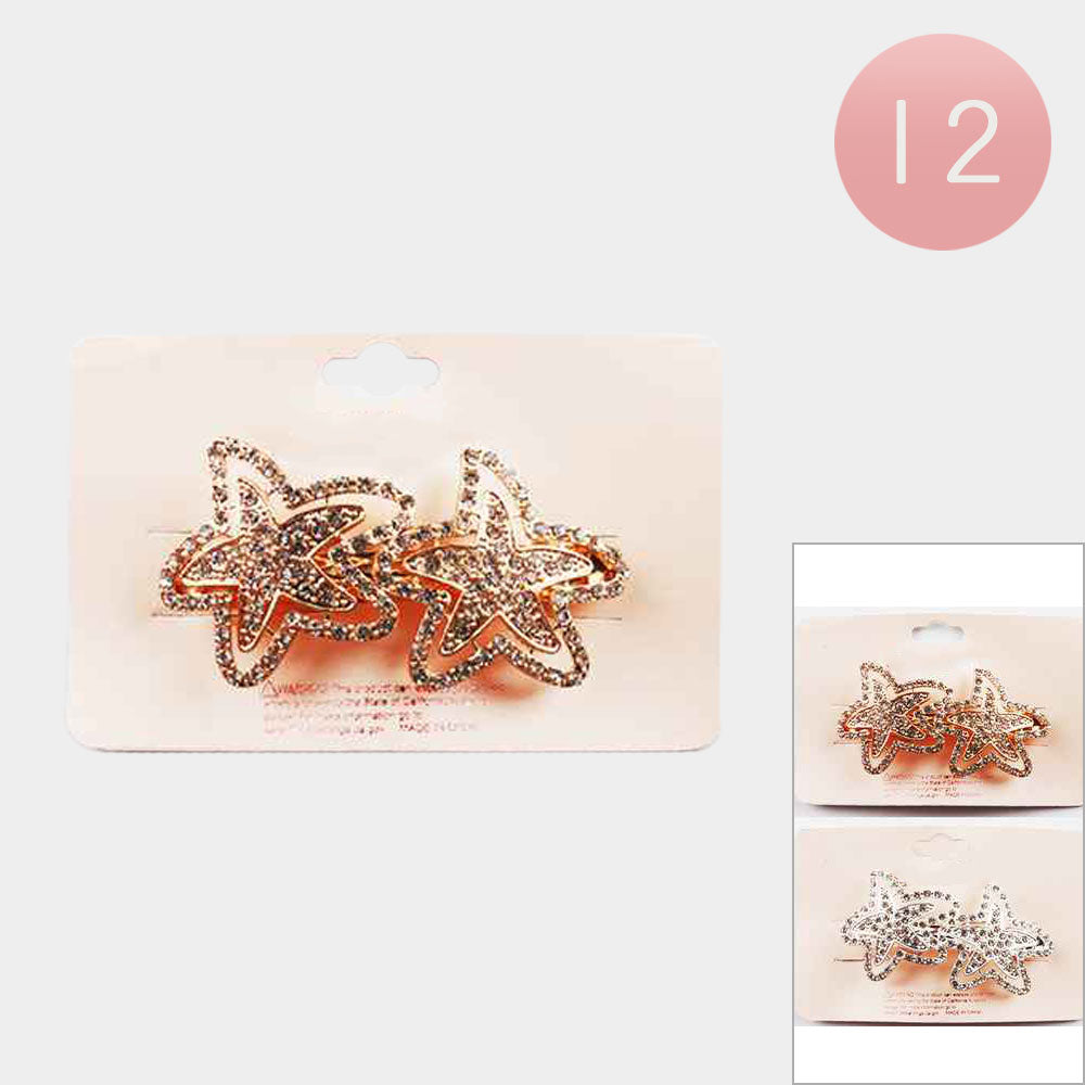 12PCS - Rhinestone Paved Double Starfish Barrettes from Madeline Love