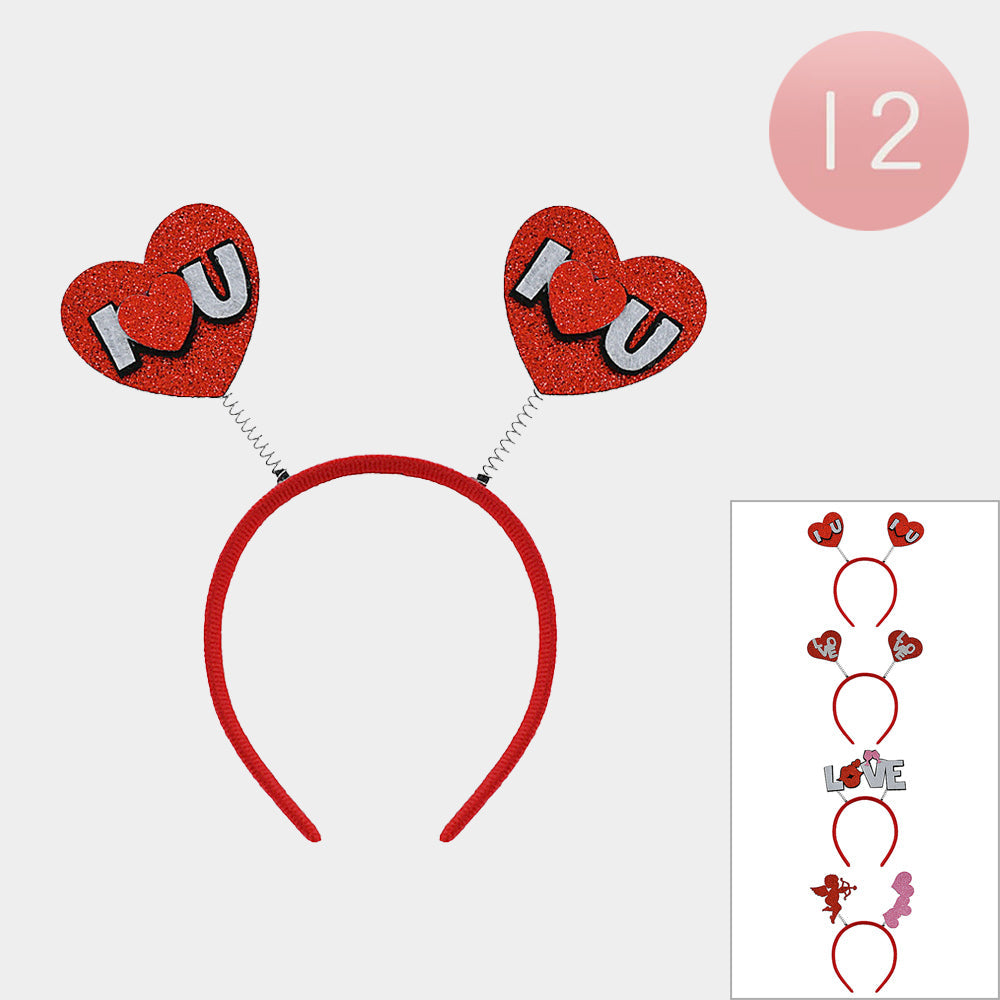 12PCS - Glittered Heart Love Message Spring Headbands from Madeline Love