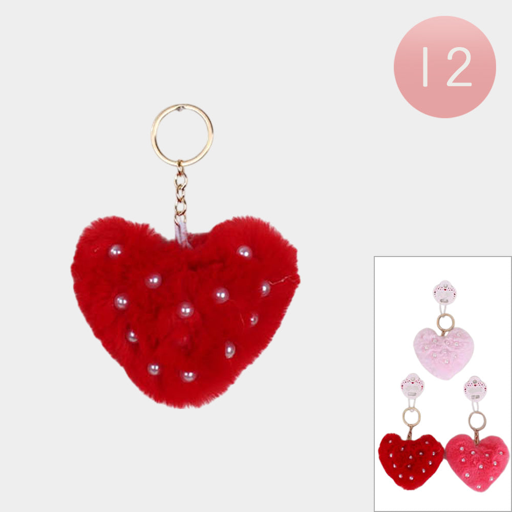 12PCS - Stone Pointed Fuzzy Flush Heart Keychains Set from Madeline Love