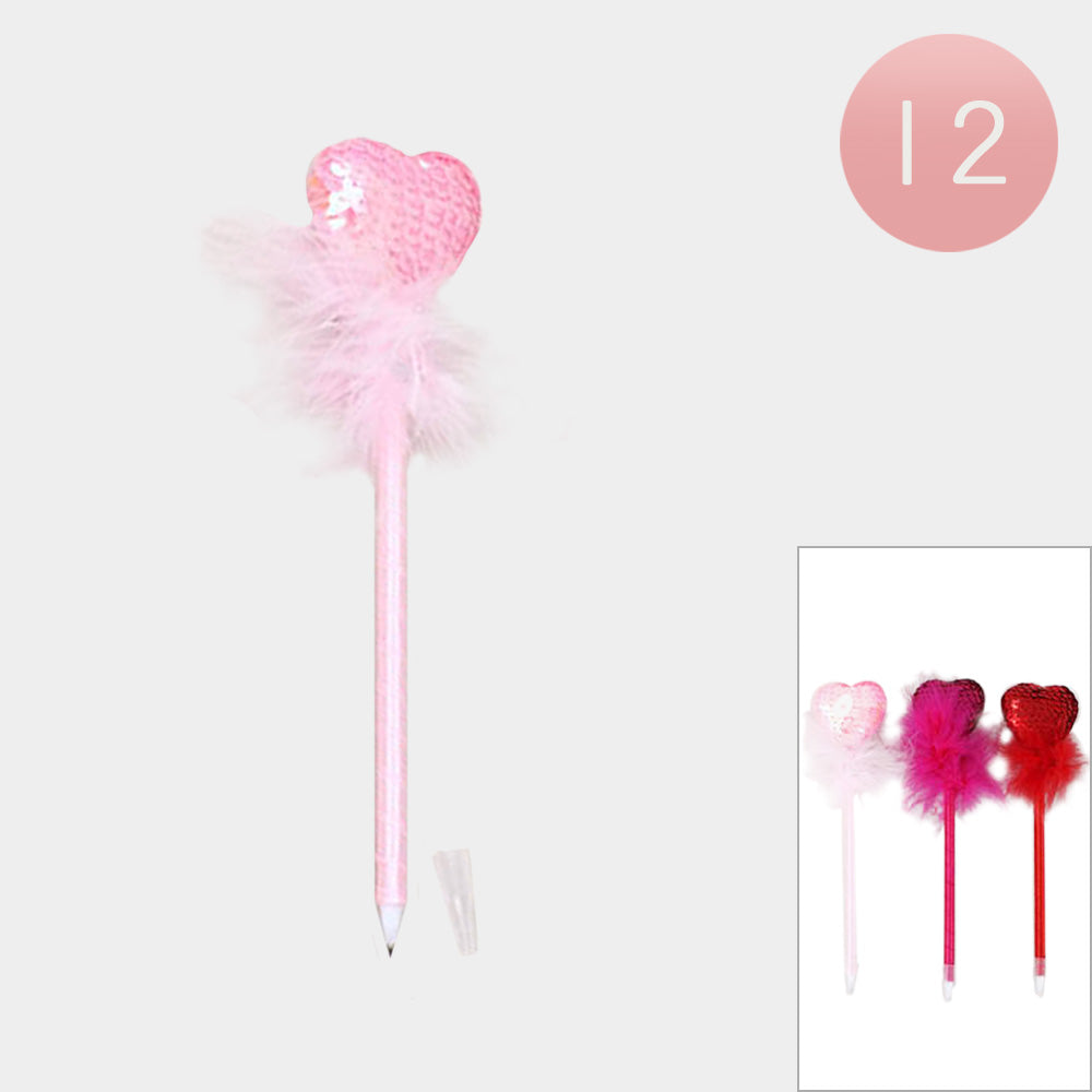 12PCS - Sequin Heart Feather Ball Pens from Madeline Love