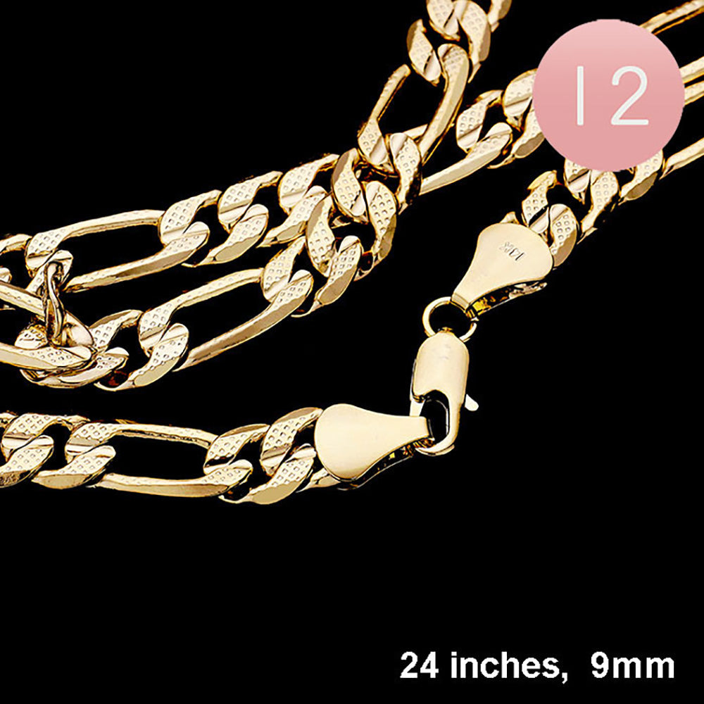 12PCS - 24 INCH, 9mm Gold Plated Concave Textured Figaro Chain Necklaces from Madeline Love
