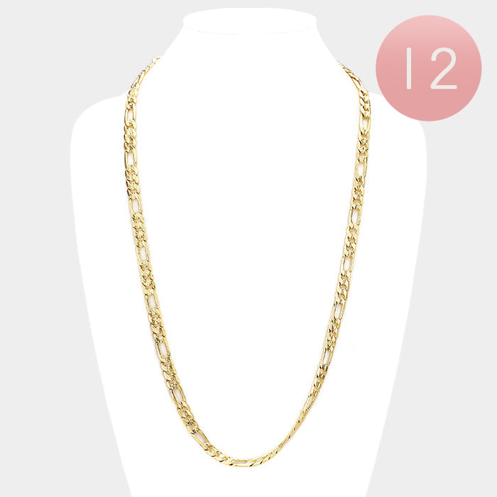 12 PCS - Gold Plated Concave Textured Figaro Chain Necklaces from Madeline Love