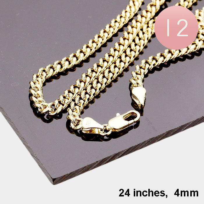 12PCS - 24 INCH, 4mm Gold Plated Round Cuban Chain Metal Necklaces from Madeline Love