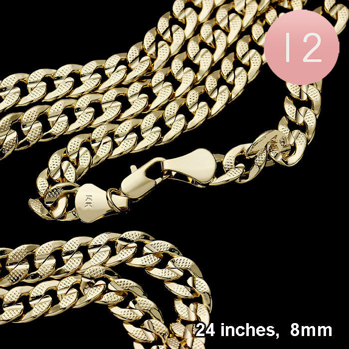 12PCS - 24 INCH, 8mm Gold Plated Concave Textured Cuban Chain Necklaces from Madeline Love