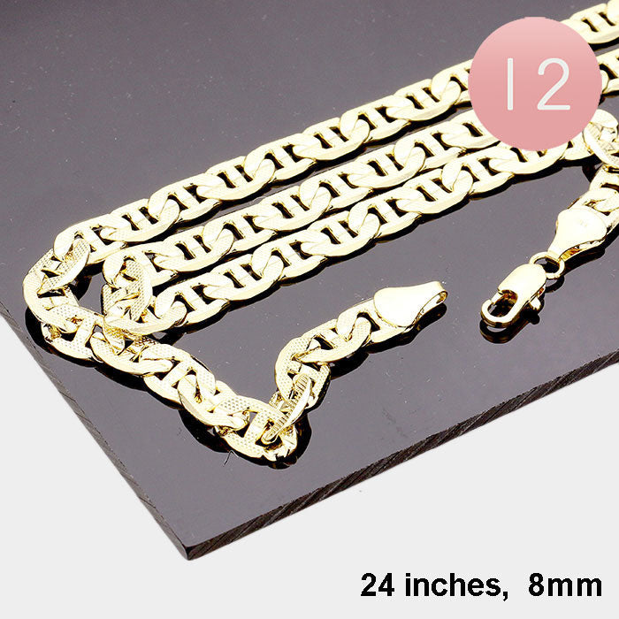 12PCS - 24 INCH, 8mm Gold Plated Concave Textured Mariner Chain Necklaces from Madeline Love