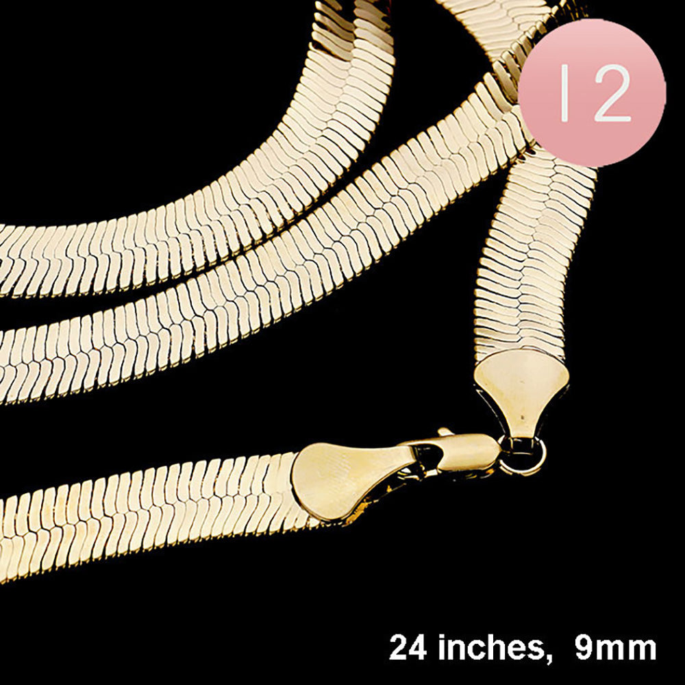 12PCS - 24 INCH, 9mm Gold Plated Superflex Herringbone Chain Necklaces from Madeline Love