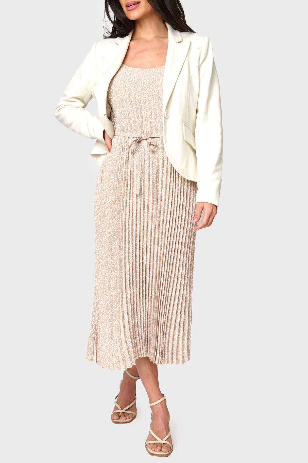 Adjustable Strap Pleated Midi Dress with Belt from Gibsonlook