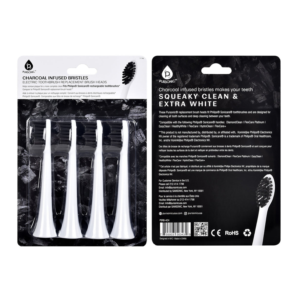Pursonic Replacement Toothbrush Heads Charcoal Infused Bristles, Compatible with Philips Sonicare Electric Toothbrush Handles - Pack from Pursonic