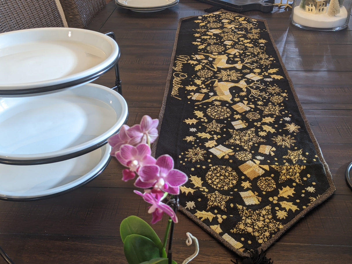 DaDa Bedding Magical Golden Reindeer Woven Tapestry Dining Table Runner (18272) from DaDalogy Bedding Collection