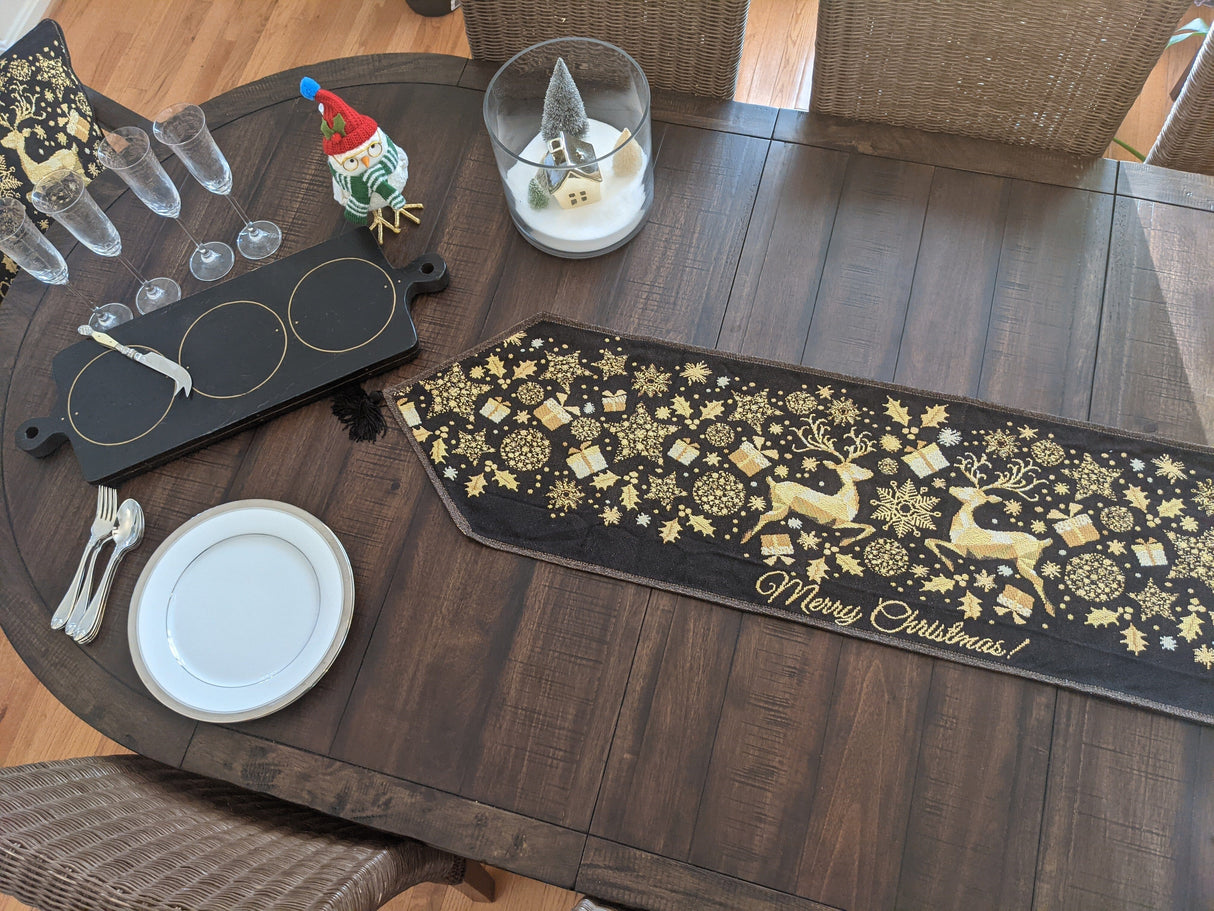 DaDa Bedding Magical Golden Reindeer Woven Tapestry Dining Table Runner (18272) from DaDalogy Bedding Collection
